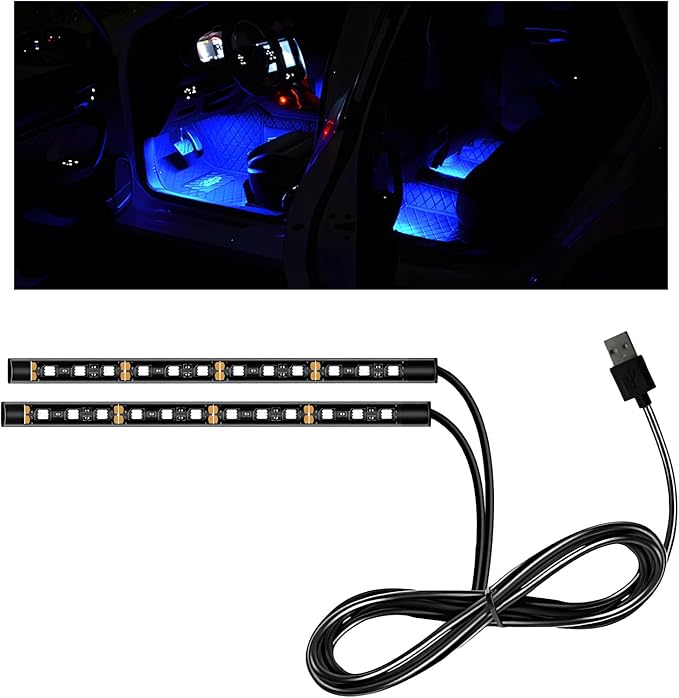 Car LED Strip Light, 12V 24 LEDs Auto Interior Atmosphere Lamp with USB Port, Vehicle Under Dash Ambient Neon Night Light Decorative Strip, Universal Car Accessories (Blue)