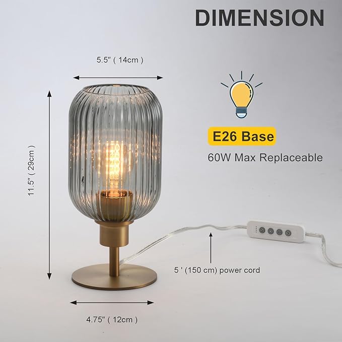 Mid Century Glass Table Lamp,Dimmable Desk Lamp,LED Bulb Included,Timer Build-in,Smoky Grey Ribbed Glass