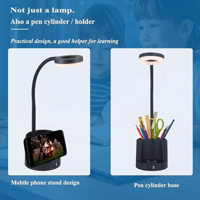 HomeFocus LED Desk Lamp, Eye-Caring Dimmable Reading Light, RGB Night Light, Student Lamp, Metal Flexible Gooseneck, Black, for Home, Office, Gift for Kids, Students, Women