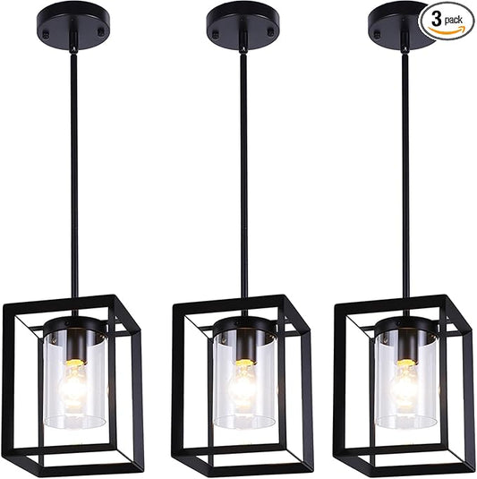 COTULIN 3 Pack Black Pendant Lights for Kitchen Island, Farmhouse 1-Light Iron Cage Metal Hanging Light with Clear Glass Shade, Industrial Lighting Fixtures for Living Room Bedroom Hallway Foyer
