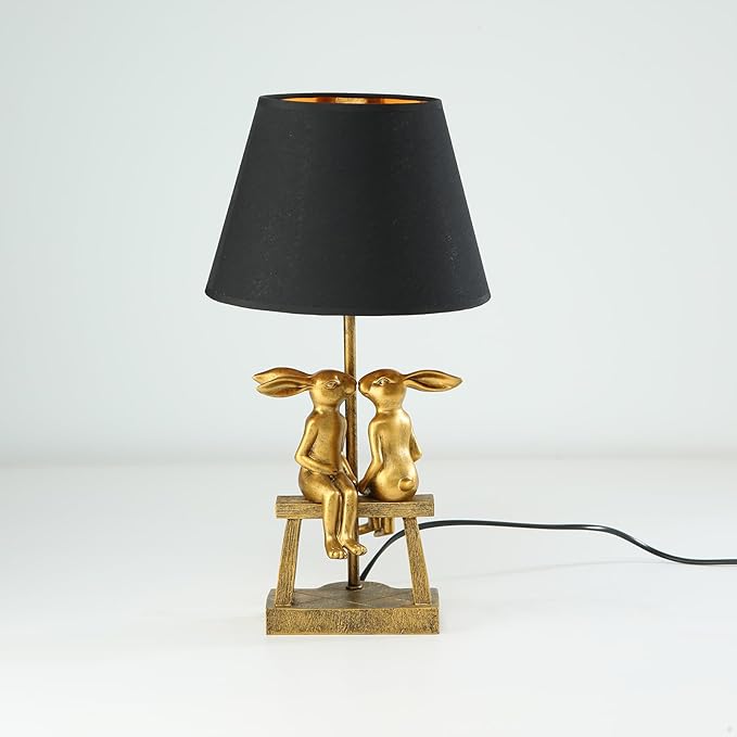Kissing Bunny Lamp, H16in Gold Resin Rabbit Table Lamp, Valentine's Day Heartfelt Token, Energy Saving Night Light for Bedroom & Nightstand(Small Black Shade)