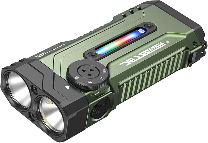JETBeam E28 EDC LED Rechargeable Flashlight with RGB Light UV/Green Beam, 3300 LM Multifunctional Flat Flashlight with Floodlight,Spotlight and Magnetic Base,IPX8,350H Runtime for Emergency,Camping