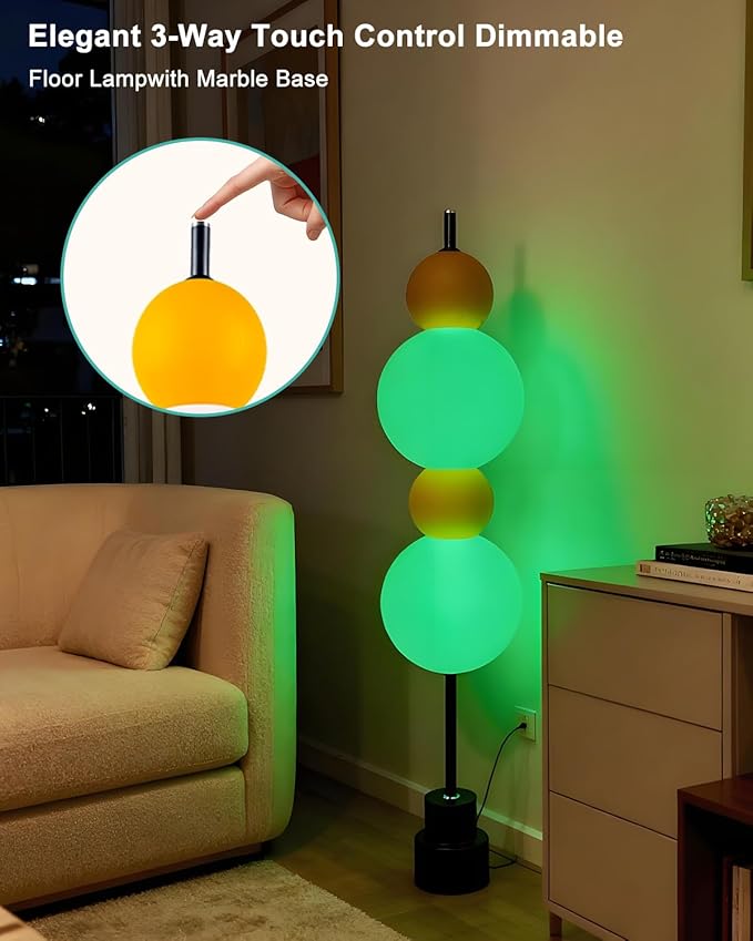 Yellow Globe Floor Lamp - Metal, RGB & 3000K Dimmable LED, Touch Switch, Modern Tall Standing Lamp for Bedroom, Living Room, Home Office