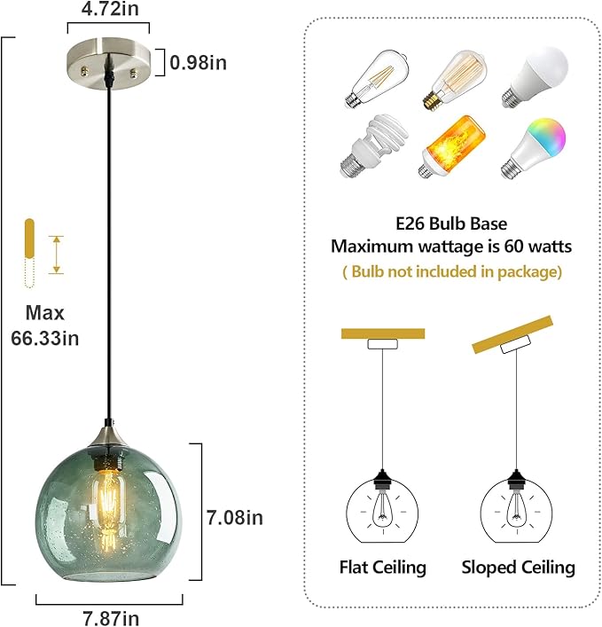 Gray Green Glass Pendant Lights Kitchen Island Lighting Globe Pendant Light Fixtures Modern Pendant Lighting for Bedroom Living Dining Room Light Fixture(7.87in, 2 Pack)