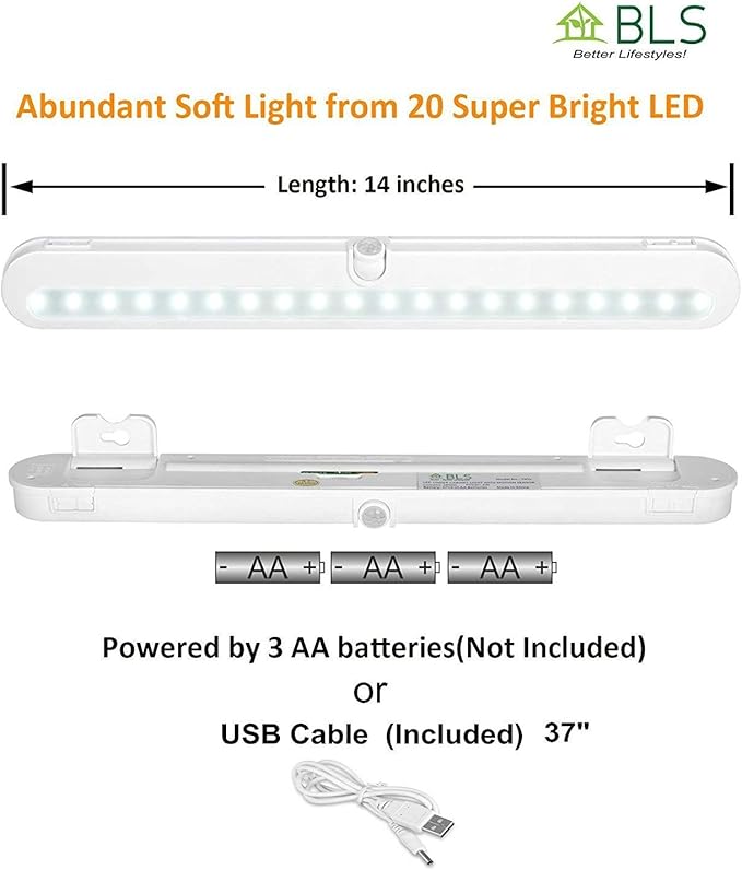 BLS T01L LED Closet Light, Super Bright 20 LED Under Cabinet Lighting Battery Powered/DC Input Wireless Motion Sensing Light, Auto On Off Switch, Motion Sensor & Light Sensor, Light Beam Adjustable