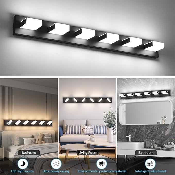 Aipsun 5 Color Temperature 6 Lights Black LED Vanity Lights Dimmable Acrylic Modern Matte Black Bathroom Vanity Lighting Fixtures Bathroom Wall Light Fixtures Over Mirror