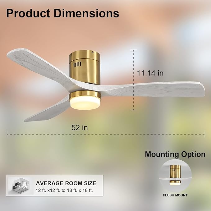 52" Flush Mount Ceiling Fans with Lights Remote Control,Dimmable LED, Indoor Outdoor for Bedroom,Patios Noiseless DC Motor,Golden Body