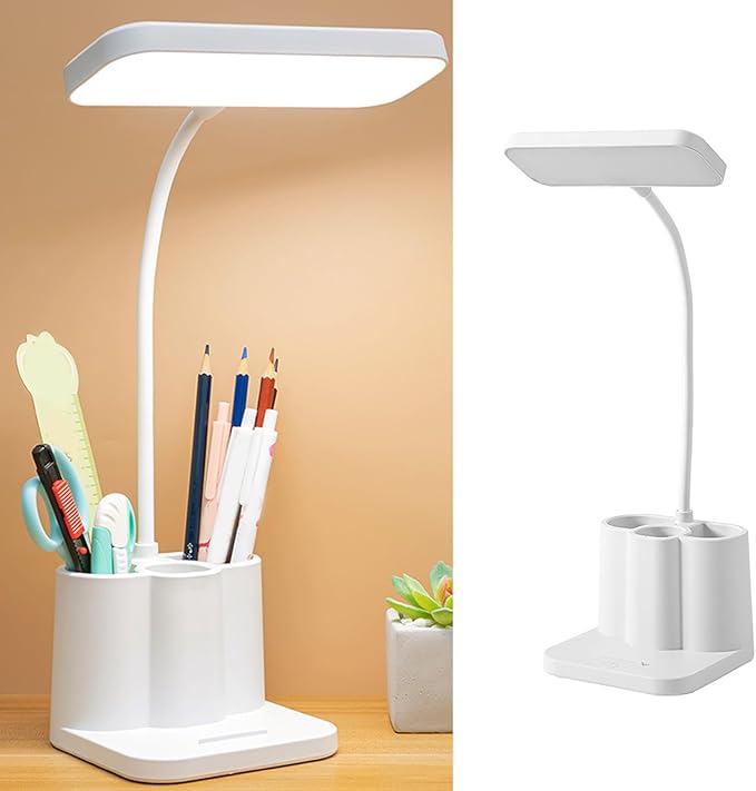 GLOGLOW LED Desk Lamp, Dimmable with Adjustable Color and Pen Holder, Eye Protection Bedside Light for Study and Office Use (Rechargeable Version)