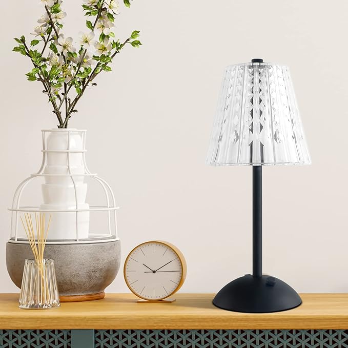 Cordless Table Lamp, 4000mAh Rechargeable Battery Operated Lamp, 3 Color Modes & Stepless Dimmable LED Touch Lamp, Portable Crystal Metal Beside Lamps for Bedroom Restaurant(Black 2 Pack)