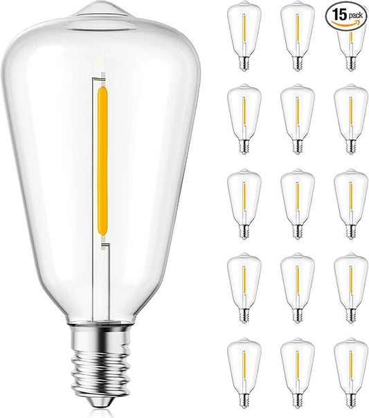 Brightown 15 Pack ST38 LED Light Bulbs, Outdoor String Light Replacement Dimmable Shatterproof Bulbs, 0.6W Equivalent to 7W Incandescent Bulbs, E12/C7 Base (Not Work with Solar String Lights)
