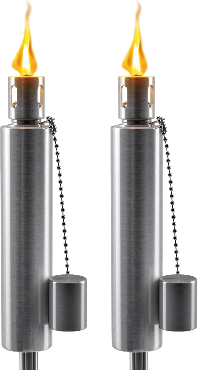 Matney Stainless Steel Outdoor Torches - Decorative Garden & Yard Lights - 5 ft Oil Lamp for Citronella - Fiberglass Wick & Snuffer Cap - Set of 2 (Barrel)