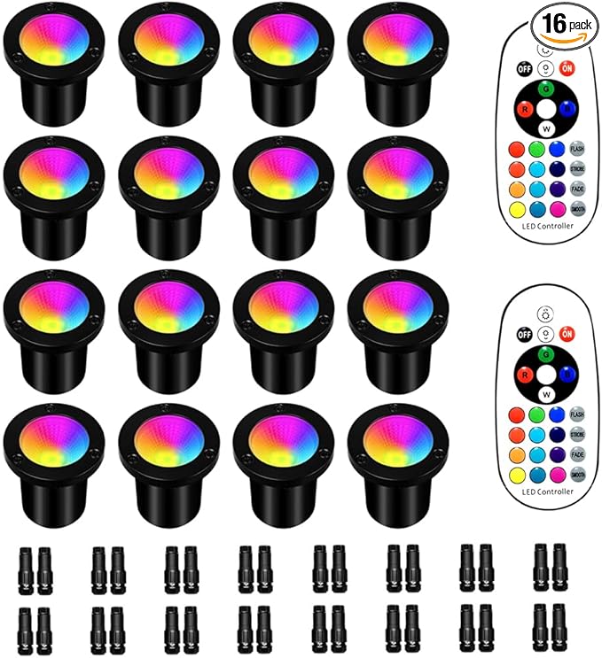 RGB Low Voltage Landscape Lighting - 10W RGB Landscape Lights with Color Changing, 12V-24V Waterproof Outdoor In-Ground Lights for Garden Yard Patio, Halloween Christmas Decorations (16 Pack)