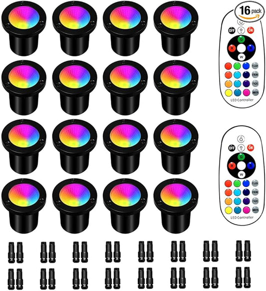 RGB Low Voltage Landscape Lighting - 10W RGB Landscape Lights with Color Changing, 12V-24V Waterproof Outdoor In-Ground Lights for Garden Yard Patio, Halloween Christmas Decorations (16 Pack)