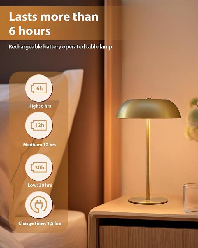 Gold Cordless Table Lamp – Rechargeable Touch Lamp with 3-Color Dimming & Adjustable Height，Battery Powered lamp for Bedside, Bar, Desk, Outdoor Patio,Restaurant, Modern Luxury Decor