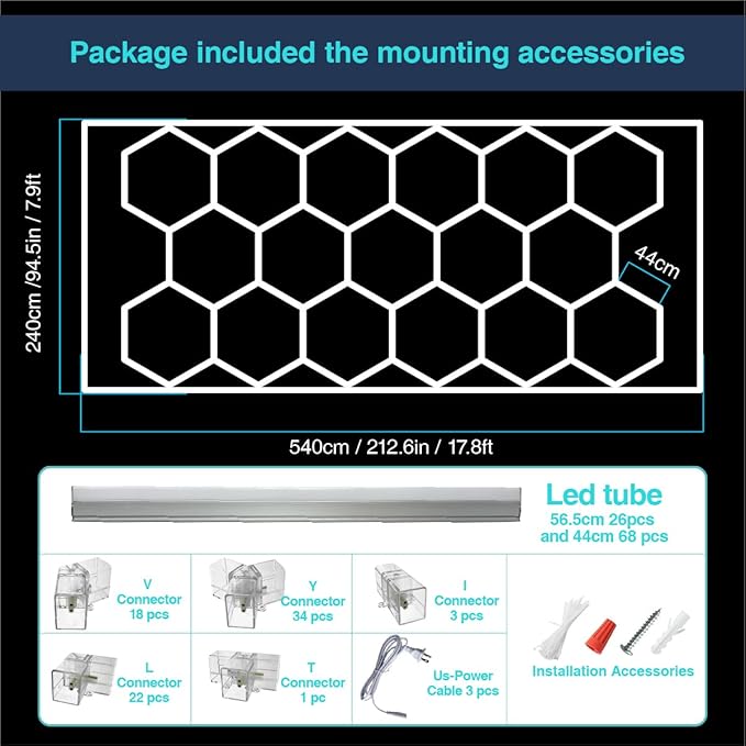 Hexagon Garage Lights: Super Bright 800w 88000lm 94 Pack 6500k Super Bright Car Detailing Ceiling LED Shop Light with Rectangle Frame for Garage Warehouse Workshop Gym Basement Car Care Wash Room