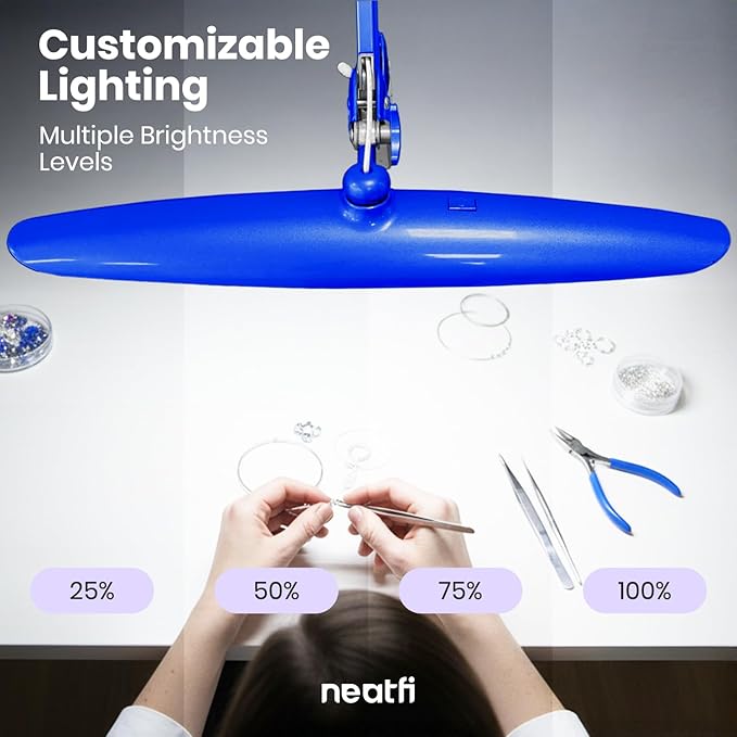 Neatfi XL LED Desk Lamp with Clamp, 2200 Lumens, 24W, 20-Inch Wide Head, Dimmable 4 Brightness Levels, Task Light for Home Office, Crafts, Workbench (Non-CCT, Sapphire Blue)
