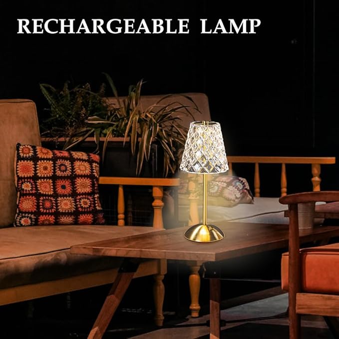 Portable Crystal Metal Desk Lamp,3-Color Touch Control, Rechargeable Battery - Ideal Bedside Lamp for Bedroom Nightstand (Golden Crystal Lamp)