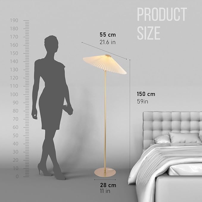 KUNJOULAM Pleated Floor Lamp, Pole Floor Lamps, Simple Design Tall Lamp with Fabric Lampshade, Standing Lamp for Living Room, Bedroom, Office, Home (Champagne Gold)