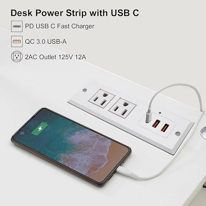 20W Recessed Power Strip USB C Fast Charge Desk Power Outlet Type C Flush Mounted Extension Power Plug for Conference Countertop Desktop Drawer Sofa ETL Listed 10ft Power Cord