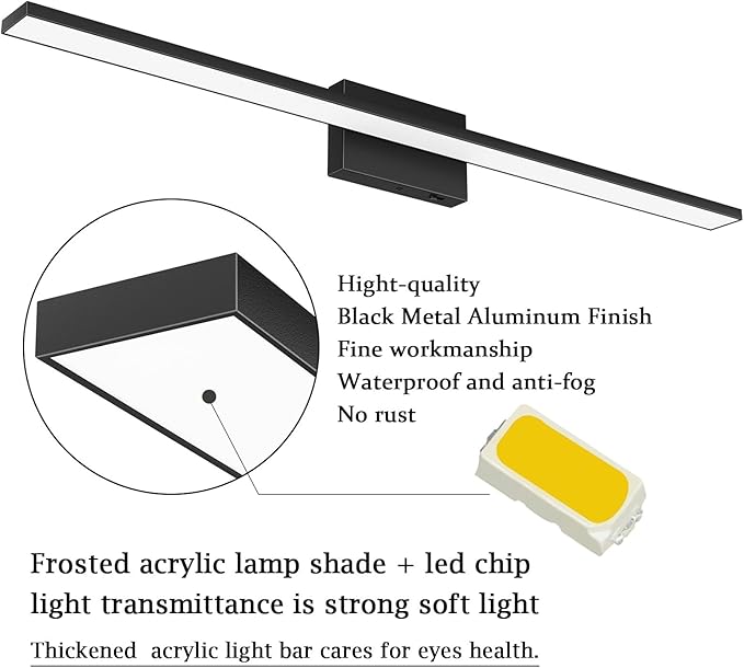 Ralbay 5 Color Temperature Dimmable Black Bathroom Vanity Light Bar 40inch 30W Acrylic LED Modern Matte Black Bathroom Wall Lighting Fixtures Over Mirror