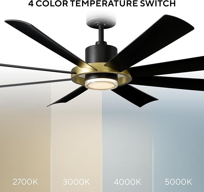 Modern Forms Aura Indoor and Outdoor 8-Blade 60in Smart Ceiling Fan in Matte Black Soft Brass Ring with 2700K-3000K-4000K-5000K Selectable LED Light Kit and Remote Control works App
