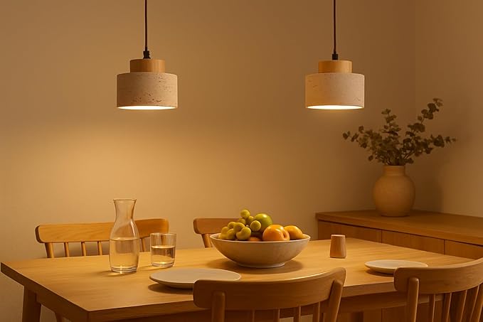 Wabi Sabi Natural Stone and Wood Pendant Light,4.7Inch Small Hanging Pendant Lamp,Modern Vintage Rustic Minimalist Fixture for Bedroom, Dining Room, Kitchen Island, Cafe, Hallway (Wood Color, PCS, 2)