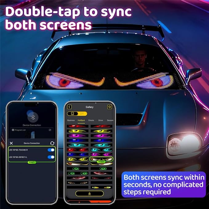 Eye Lights for Car Windshield 1PCS - 23.42x4.72In Programmable Flexible Led Screen with App/Remote Control, USB Powered, IP65 Waterproof, Led Windshield Eyes Suitable for Cars/Trucks/SUVs