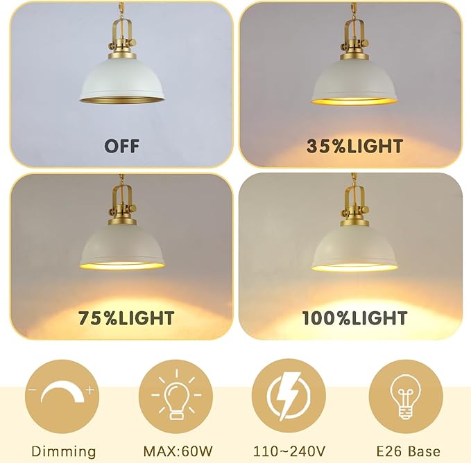 White and Gold Pendant Lights Kitchen Island 2 Pack, Modern Matte White Dome Pendant Lighting Industrial Light Fixture for Kitchen Living Dining Room Restaurant Hallway Entrance