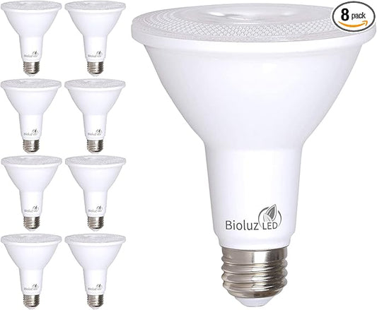 Bioluz LED 8-Pack PAR30 LED Flood Light Bulbs Indoor, 10W = 100W Replacement, 3000K Soft White LED Light Bulbs, 90 CRI, Dimmable, UL Listed, RoHS, FCC and Title 20 Compliant