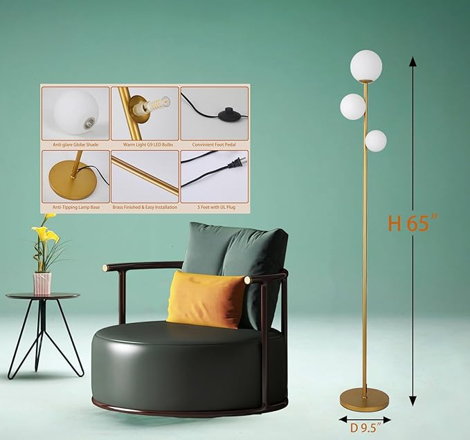 Fiqevs 3 Globe Floor Lamp Mid Century Modern, Gold Standing Lamp with Frosted Glass Shade & LED Bulbs, Tall Pole Light with Foot Switch for Living Room Bedroom Office - Antique Brass