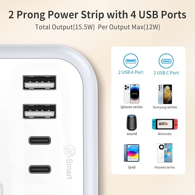 NTONPOWER Extension Cord 15 FT, 1875W Two Prong to Three Prong Outlet Adapter, Power Strip, Rotating Plug 2 Prong Extension Cord with 4 USB Ports(2 USB C), for Old House
