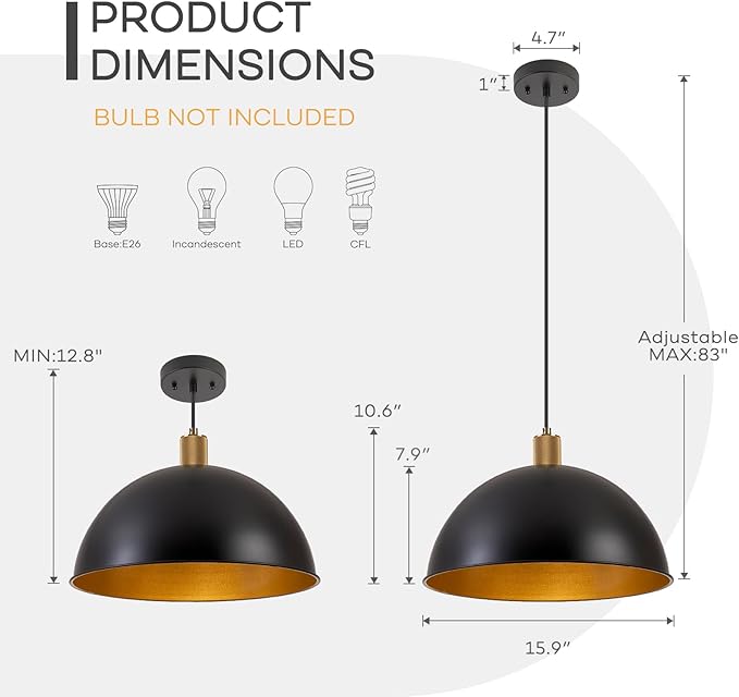 16 Inch Black Dome Pendant Lights for Kitchen Island, Height Adjustable Farmhouse Industrial Hanging Light Fixtures Over Table for Dining Room, Entryway, 1 Pack