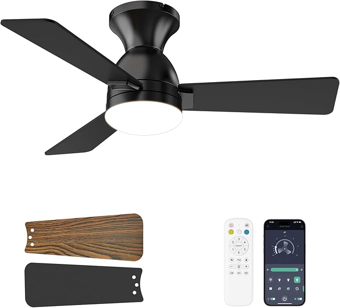 Ceiling Fans with Lights and Remote, 36 Inch Ceiling Fan with Light, Low Profile, Reversible, Dimmable LED, Flush Mount, Quiet, DC Motor, Black Ceiling Fan for Bedroom, Kitchen, Office