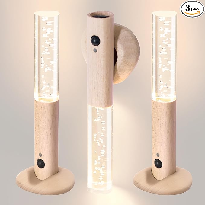 Motion Sensor Night Lights Indoor, Rechargeable Night Lights Wall Sconces Wooden Set of 2, Battery Powered Magnetic Wall Sconces Decor for Bedroom, Hallway, Bathroom, Stairway, Closet（White Ash）