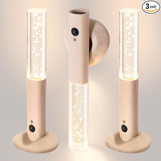 Motion Sensor Night Lights Indoor, Rechargeable Night Lights Wall Sconces Wooden Set of 2, Battery Powered Magnetic Wall Sconces Decor for Bedroom, Hallway, Bathroom, Stairway, Closet（White Ash）