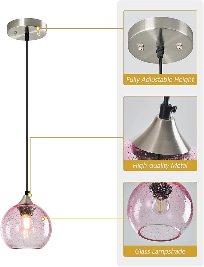 Pink Glass Pendant Lights Kitchen Island Globe Pendant Light Fixtures Modern Pendant Lighting for Bedroom Living Dining Room Light Fixture (5.9 in, 2 Pack)