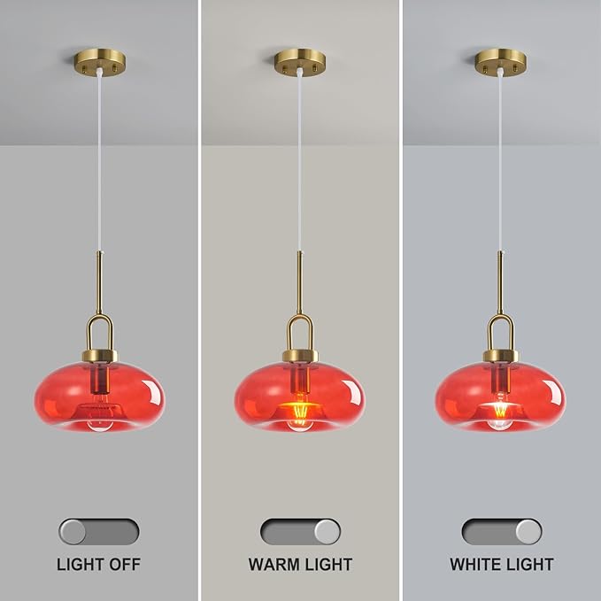 Red Glass Pendant Lights Kitchen Island Gold Pendant Light Fixtures Adjustable Height Modern Pendant Lighting for Bedroom Dining Room (1-Pack)