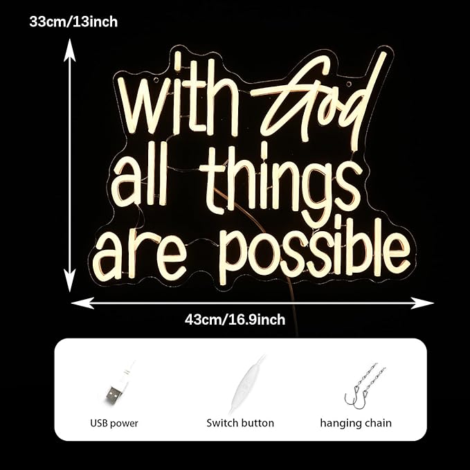 With God All Things Are Possible Neon Sign Bright Warm White God Led Neon Lights for Wall Decor Dimmable USB Powered Light up God Sign 16.9*13 Inch Neon Light Sign for Room Party Wedding Church Decor