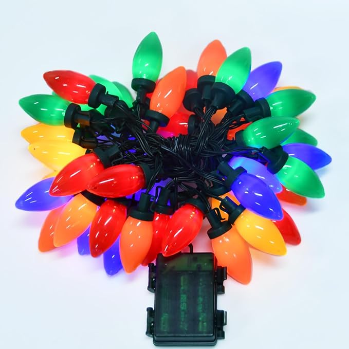 27.5FT C9 LED Christmas Lights Outdoor Battery Operated Lights with 8 Mode Remote Control, 50 Twinkle Big Christmas Light for Colored Xmas Tree Light & Home Yard Lawn Decorations