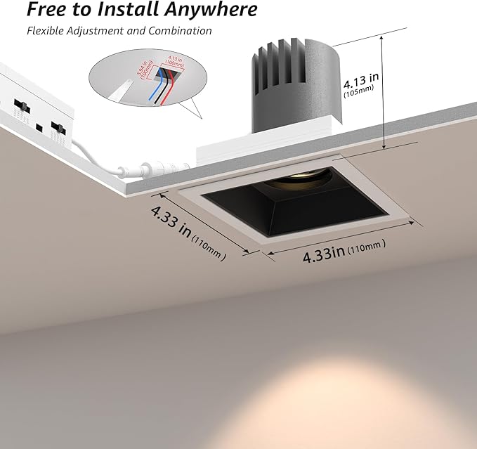 16-Pack LED Square Recessed Lighting, 12W Adjustable Downlight, Aluminum Recessed Ceiling Light with junction Box, 5 CCT 2700K-6000K, Rotation Spotlight for Living Room Bedroom Hallway Kitchen
