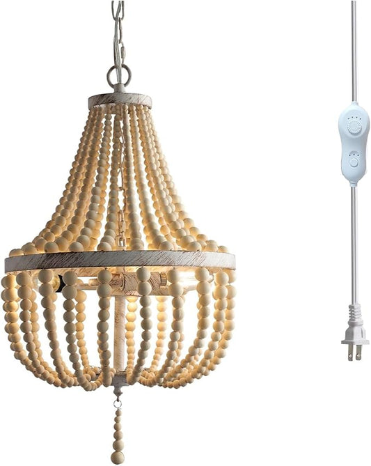 3-Light Mini Wood Beaded Bohemian Plug in Chandelier Dimmable and Timer Pendant Light Fixture with 16.4ft Swag Cord,Antique Metal Finish Natural Color Beads,Dining Room,Living Room,Foyer,Bedroom…