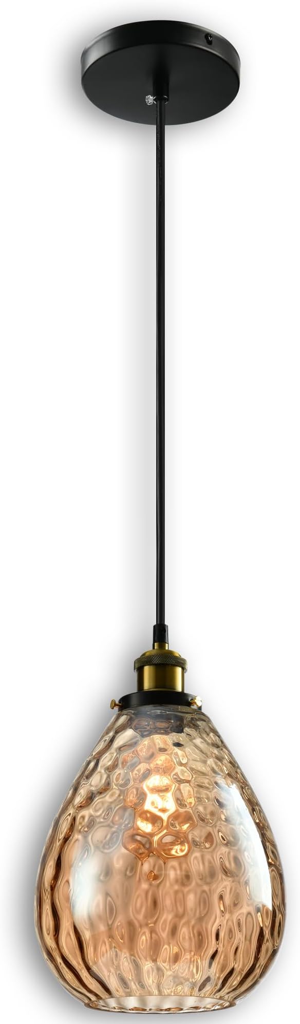 Modern Glass Pendant Light, 8"x9.6" Amber Ribbed Hanging Light Fixture with Gold Cap, 15"-72" Adjustable Cord, E26 Socket for Kitchen or Entryway – Sunrise Glow Teardrop