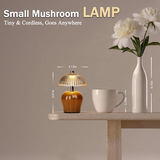 MJ PREMIER Small Cordless Lamp, Battery Operated Lamp with Timer, Mini Crystal Glass Mushroom Lampshade, Cute Small Table Lamps, Decorative Led Light for Bedroom Living Room Shelf (Brown)