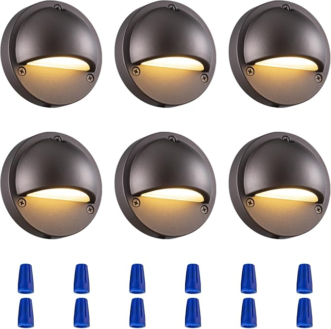 LED Low Voltage Deck Lights 2700K Landscape Railing Fence Light 180LM 12-24V AC/DC Aluminum Housing Outdoor Step Lights IP65 with Wire Nuts 4FT Corded ORB Finish 3.74 Inch Diameter 6-Pack