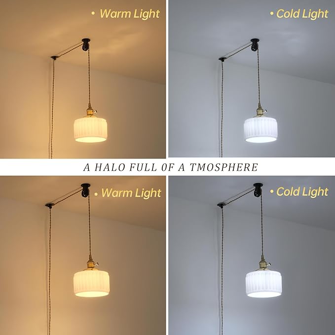 Plug in Pendant Light Hanging Light Fixture Corded On/Off Switch Brass Pendant Light with White Striped Glass Lampshade for Bedroom Living Room Kitchen Island