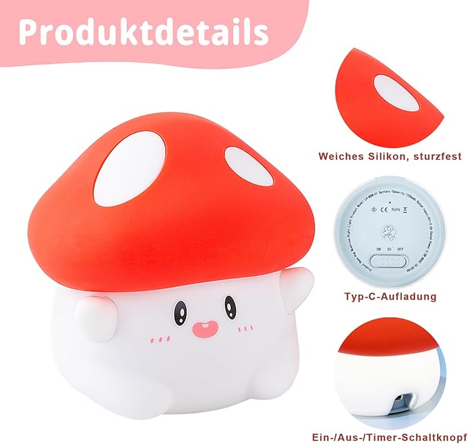 Hug Mushroom Night Light, 50-Hour Battery & Pat Control, Squishy Lamp for Kids Bedroom, Girls, USB Rechargeable with Timer, Easter Gifts