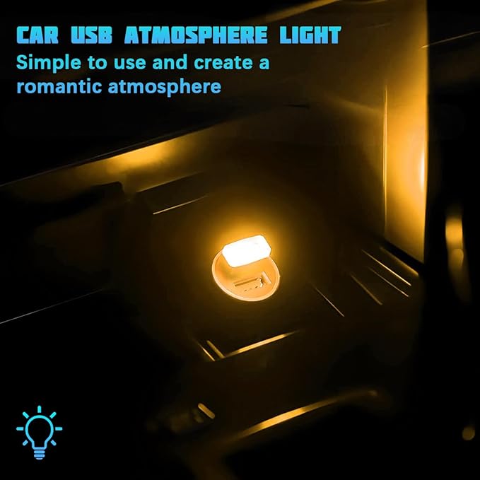 4PCS/Set USB LED Car Interior Atmosphere Lamp, Portable Mini Vehicle LED Night Light, Plug-in USB Interface Automotive Interior Ambient Lighting Kit Accessories, Universal Fit (Yellow)