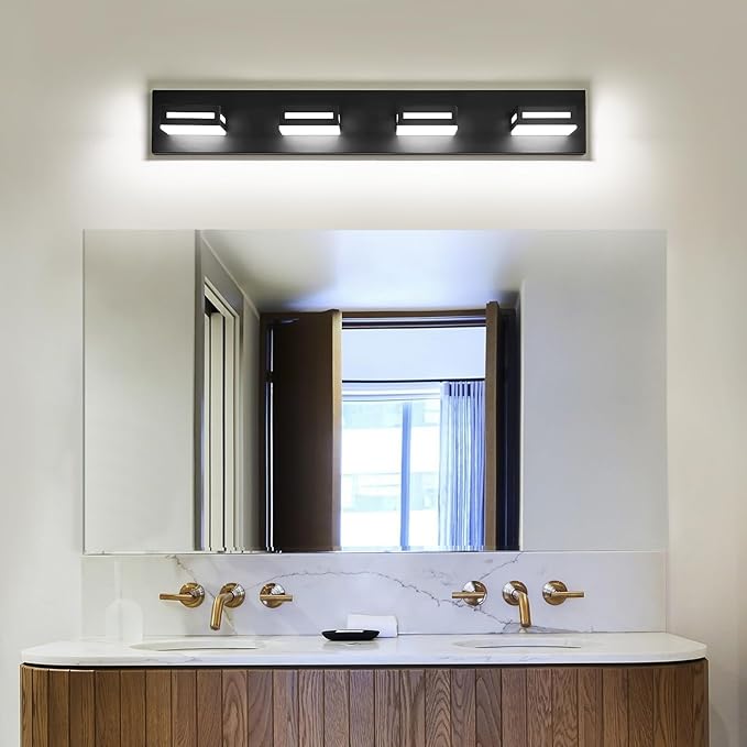 30-Inch 4-Light LED Modern Black Bathroom Vanity Light Fixtures Over Mirror, Bathroom Lighting Fixtures with Cool White 6000K, Vanity Wall Lights for Bath Restroom Powder Room