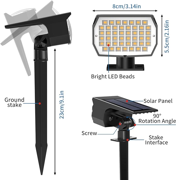 Solar Spot Lights Outdoor 2 Pack, [46 LED/3 Modes] Solar Landscape Spotlights Waterproof, 2-in-1 Auto On/Off Solar Powered Lights for Outside Yard Garden Wall Pathway(Warm White)