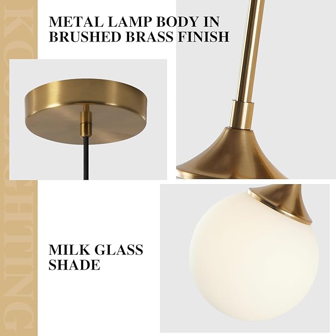 KCO Lighting Mid Century Modern Milk Glass Pendant Light Large White Globe Hanging Light Gold Ceiling Light Fixture 1 Light Pendant Lighting Brushed Brass Hanging Light Fixture